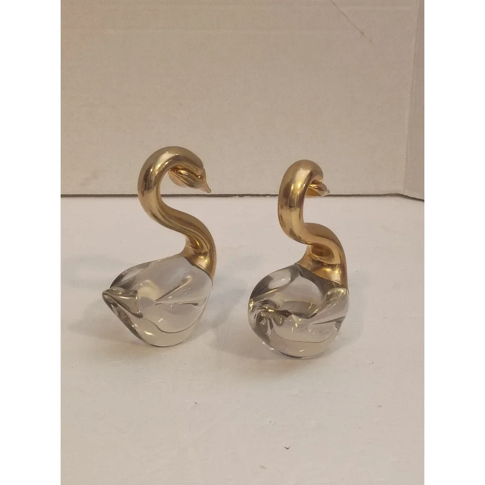 Vintage Art Glass Swan Figurines Gold Tone Metal Neck Set of 2 Mid Century Decor